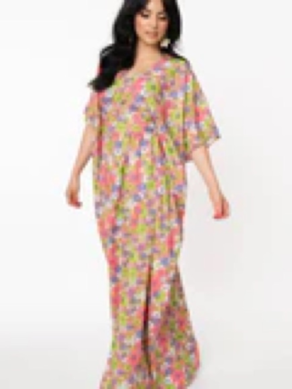 Unique Vintage Multicolor Floral One-Shoulder Kaftan Maxi Dress